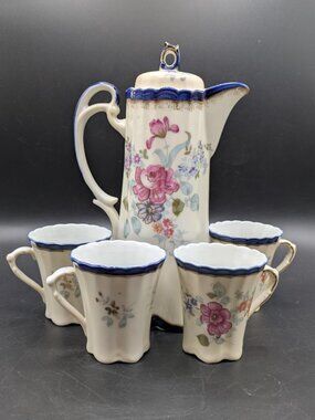 Vintage Japanese Porcelain Chocolate Pot and 4 Cups Pink Rose Colbalt Gold Trim